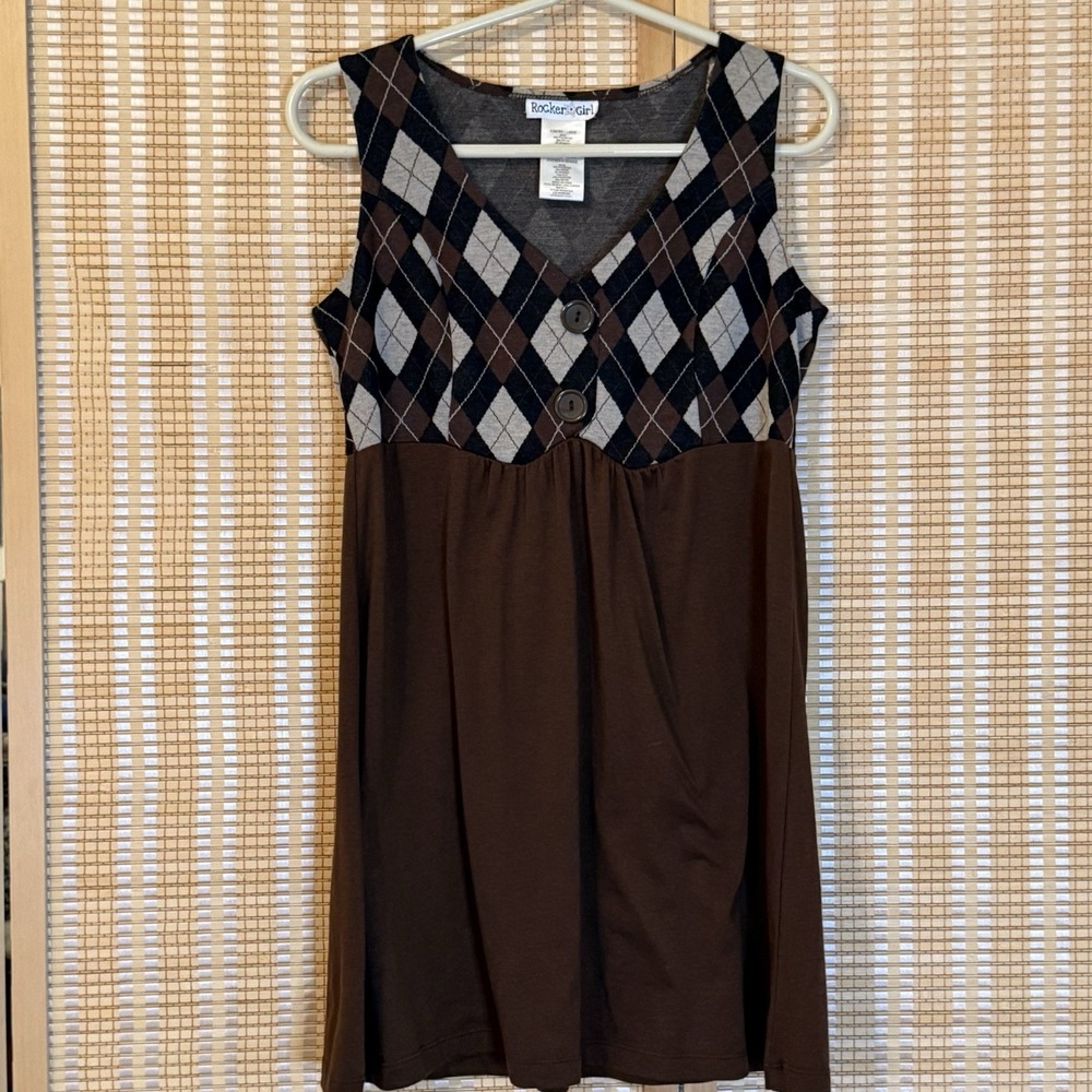 Rocker Girl Knit Dress Junior's L  Argyle Plaid Brown Mini Preppy Activewear‎